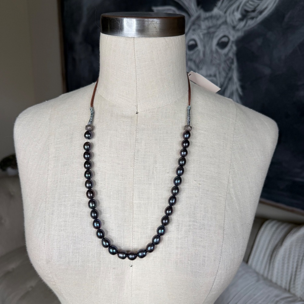 PEYOTE BIRD Pearl Necklace Gray Cord Silver Heart Charm Women's OS NWT